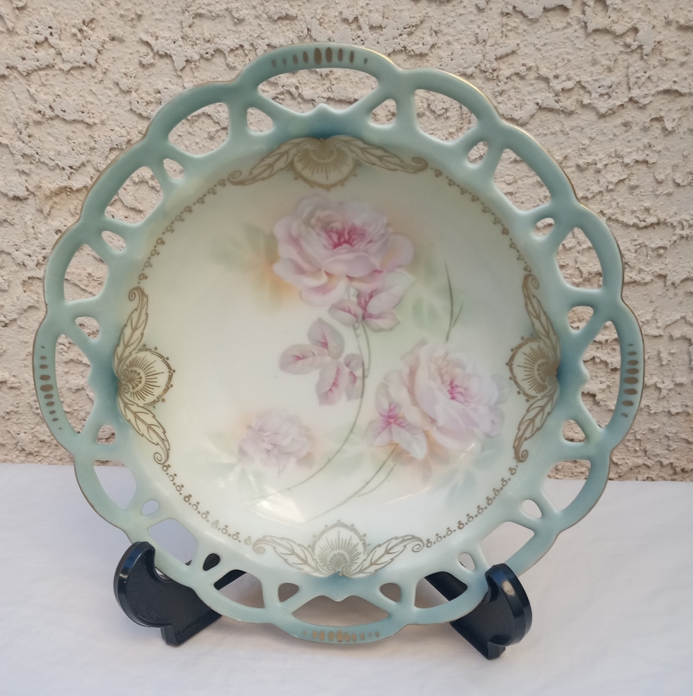 Vintage RS GERMANY Porcelain Bowl with Pink Roses Cut Out Edge Design